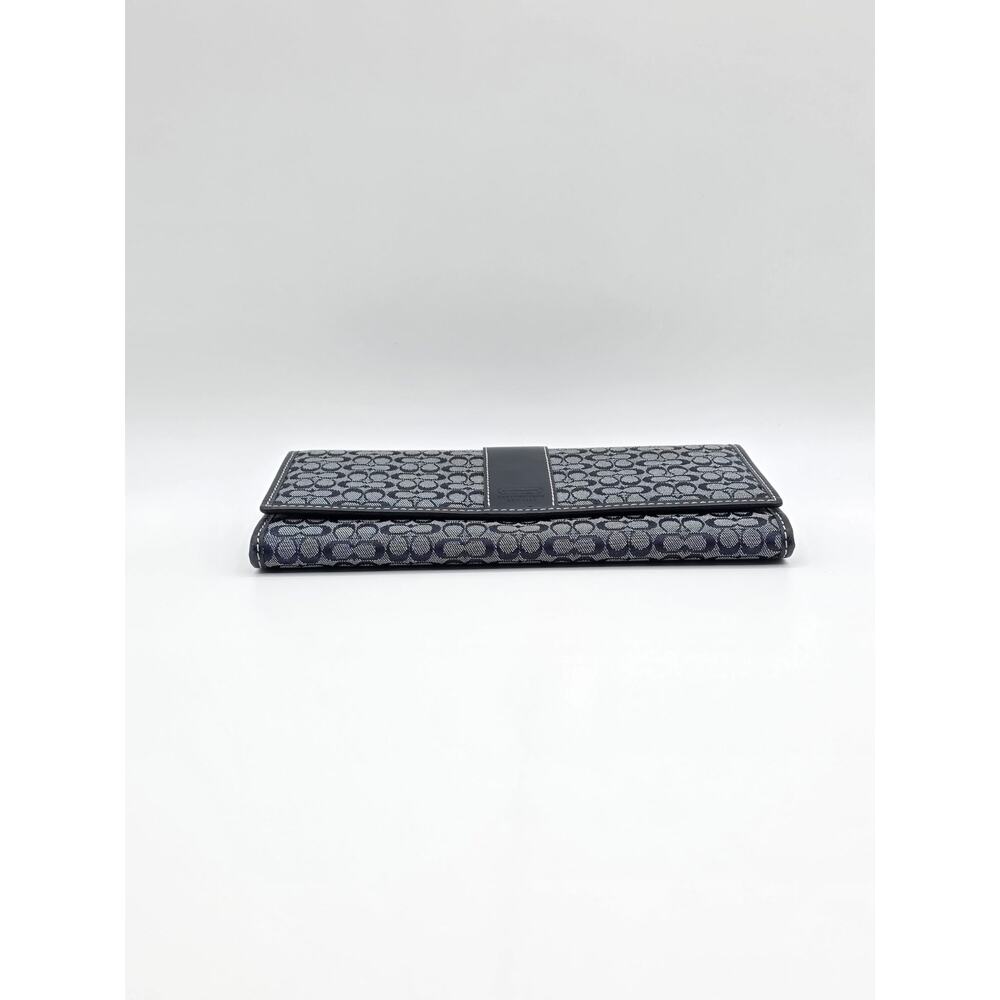 Coach Signature Long Flap Wallet Navy Blue Jacquard Leather Trim Clutch Wallet - Picture 3 of 15
